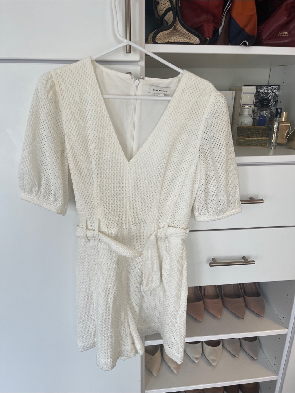 Club Monaco White Textured V-Neck Romper with Self-Tie Waist